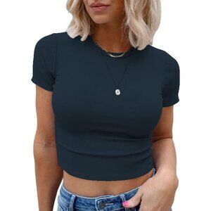 🆕Kovbin Women Navy Blue Short Sleeve Basic Baby Tees Slim Fit Rib Knit Shirt